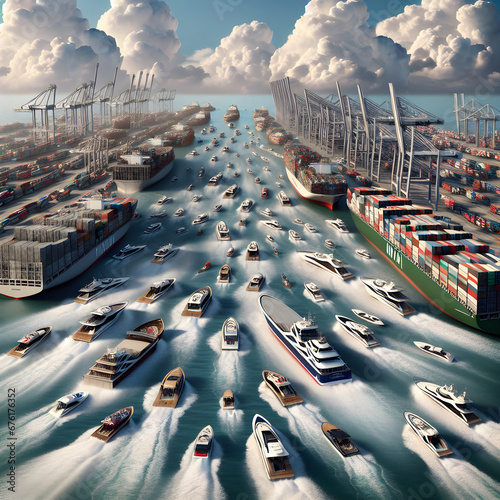 Cargo and sea transportation concept with ships and boats and container vessels all crowded in a port heading to sea