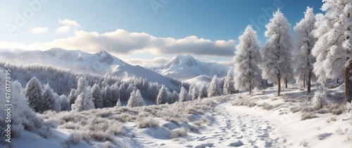 A panoramic winter landscape with snow-covered mountains and pine trees 