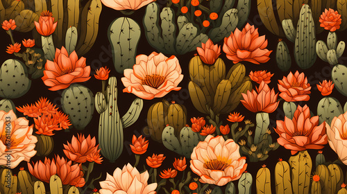 Seamless pattern Cactus Blooms on a Hot Desert Background