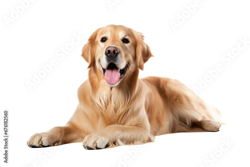 Olden Retriever lying, panting, 11 years old, isolated on white