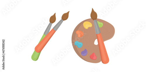 Paint Palette With Brushes Art Object Vector Illustration.