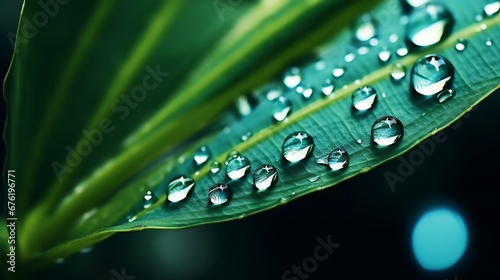 Large drop water reflects environment. Nature spring photography — raindrops on plant leaf. Background image in turquoise and green tones with bokeh. : Generative AI