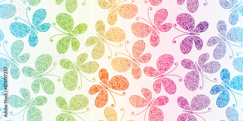 Vector seamless spring pattern with hand-drawn colorful gradient butterflies on a white background