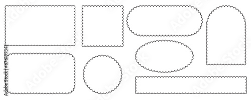 Scallop edge border and frame. Square circle and rectangle shape. Vector lace frill. Simple cute label. Outline decorative collection