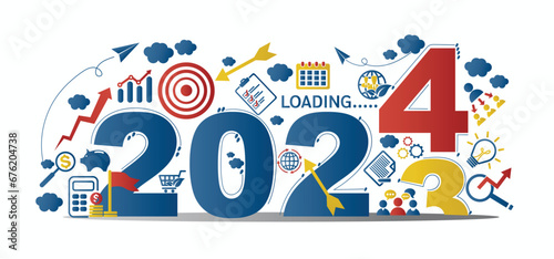 2024 new year goal plan action with target icons, Business plan, financial plan and strategies. Annual plan and development for achieving goal, achievement and success in 2024. Vector illustrator set.