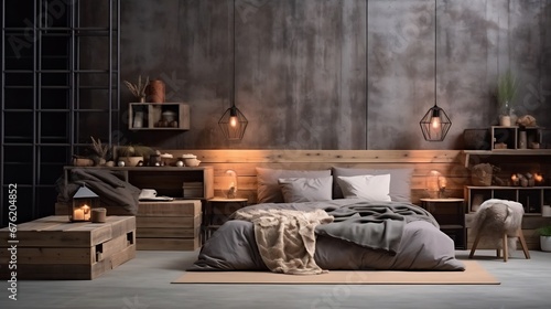 Comfortable loft style bedroom with wooden top bed made from old pallets. : Generative AI
