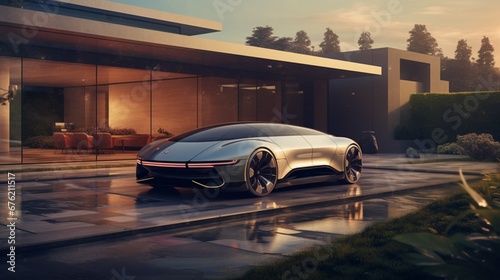 A front view of the autonomous car in an upscale suburban neighborhood, with the evening sun casting a warm glow on its high-end design, underlining its fusion of luxury and technology