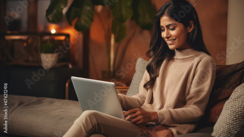 young woman work on laptop at home