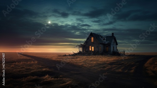 a hair-raising, dilapidated farmhouse in the middle of nowhere, its windows glowing with an otherworldly light