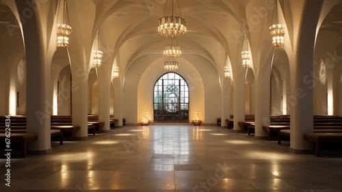 The tranquil interior, where the soft glow of chandeliers illuminates the polished stone floors and ancient pews