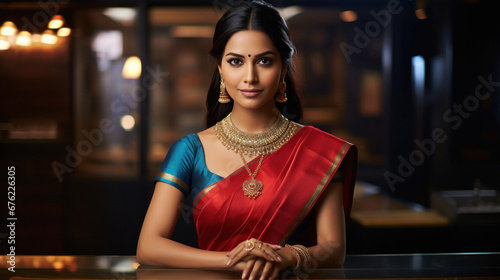 Young woman in traditional red color saree and jewelery.