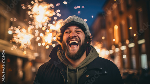 A joyful bearded man wearing glasses and a beanie laughs heartily amidst a backdrop of fireworks, city lights, and a bustling night market.