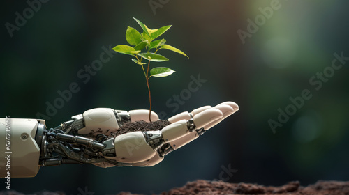 Ai robot with environmental protection concept, Robot hand hold sapling, analyze investment sustainability, sustainable development, climate change, green energy recycle, Net zero.