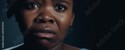 Black woman, eyes and mental health, crying with depression and crisis on dark background, Sad, portrait and anxiety, depressed female person with face on banner and grief in studio