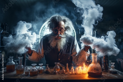 Mad Scientist in the Lab with Smoking Potions