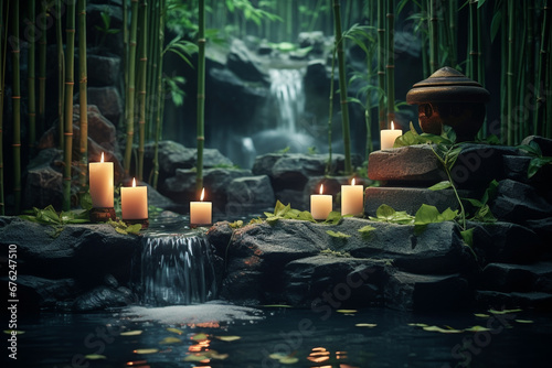 States of mind, meditation, feng shui, relaxation, nature, zen concept. Bamboo, rocks, water and candles background with copy space