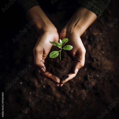 Hands together holding a small plant in fertile soil, environmental sustainability, . Close-up
