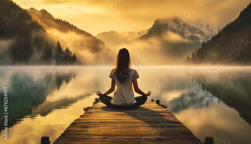 A young woman is meditating with her legs crossed sitting on a wooden pier on the shore of a beautiful mountain lake at sunrise or sunset.
