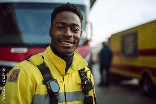 Portrait of African male paramedic in front of ambulance