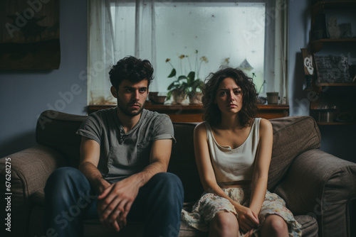 sad couple sitting on the couch in home