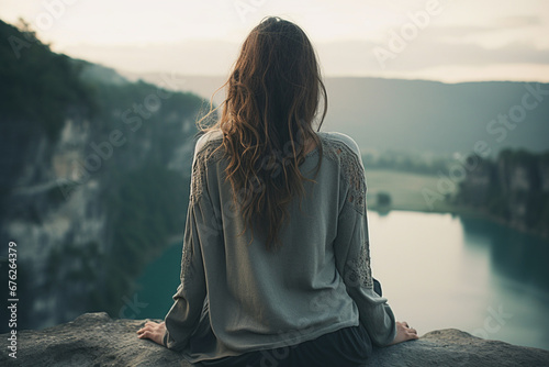 Young woman sitting on edge looks out at view