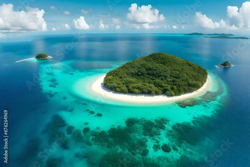 An isolated island amidst the vast ocean, surrounded by lush greenery and clear blue waters.
