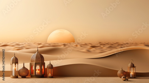 Beige monochrome banner with Ramadan lanterns on desert background