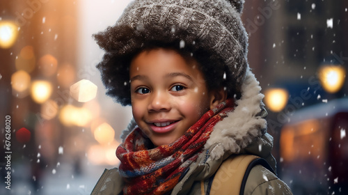 Niño afroamericano vestido con ropa de invierno y gorro sonriendo en un día que esta nevando en la ciudad.