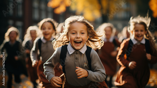 Front view of happy diverse school kids running in corridor at school. Cheerful team child girls and boys run at school. Generative Ai.