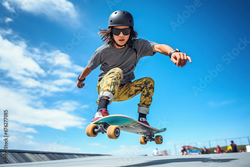 Skater doing kickflip on the ramp at skate park - Stylish skaterboy training outside - Extreme sport life style concept