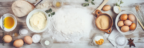 bannière web représentant une table vue de dessus avec les ingrédients pour faire de la pâtisserie
