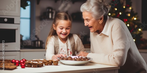 Happy family cooking together, little girl daughter making Christmas homemade cookies together with mother in festive decorated kitchen