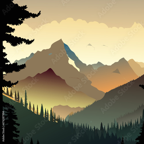 Mountain landscape with coniferous forest at sunset. 