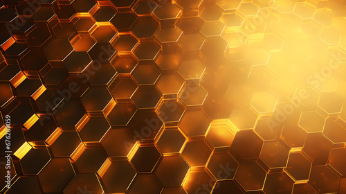 Abstract futuristic luxurious digital geometric technology hexagon background banner illustration 3d - Glowing gold marble texture. Generative Ai.