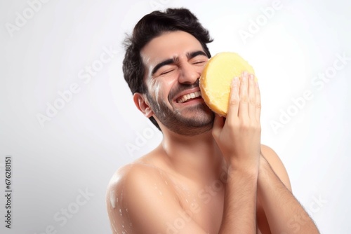 Happy man washing face sponge cosmetology. Cleansing scrub bathe personal cosmetic. Generate Ai