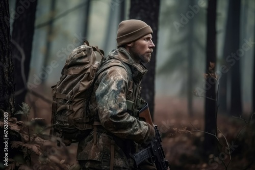 Man backpack camo in forest human. Wild shot bush soldier lifestyle. Generate Ai