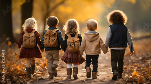 Group of young children walking together in friendship in school 