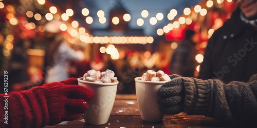 A joyful composition of People hands holding cups of hot cocoa with marshmallows, Close up of friends toasting with mug. Festive Christmas market bokeh lights, wide banner