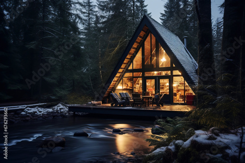 Modern wooden frame house in a winter snowy forest in the evening next to the river