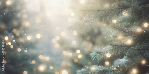 Christmas Holiday background with fir tree and decorations with christmas festive fairy bokeh lights, Happy New Year. Beautiful background. Decorated Blurred de-focused garland lights, gold bokeh