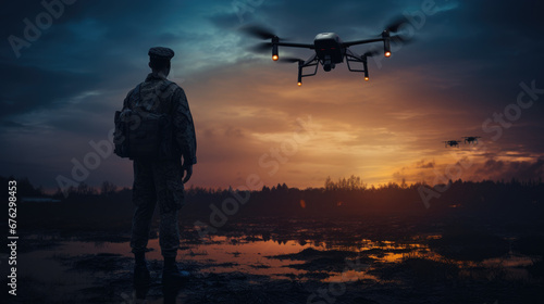 Silhouette of Soldiers using drones scouting during military, Modern army guidance views enemy positions,Military using Drone for Scouting During Operation Military.
