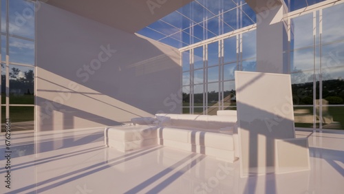 Modellazione 3D di un ambiente open space con grandi vetrate ed arredo minimalista