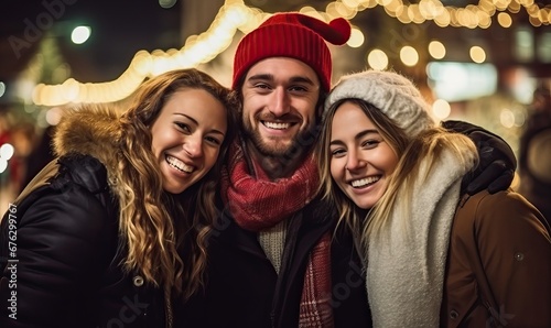 A happy group of people standing at a Christmas market, Christmas party, Friends Having fun together at a christmas fairy. Cheerful people having a walk, dressed warm, Enjoying Christmas Market