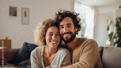 Happy couple having break during moving to new house.