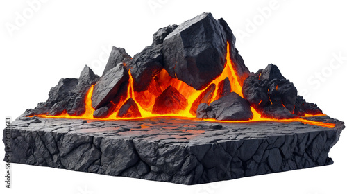 A lava pedestal of regular shape with elements of hot slag of bright red color.