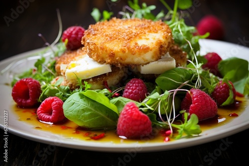 Crispy Elegance: Fried Goat Cheese Salad with Apples, Raspberries, and Vinaigrette Dressing