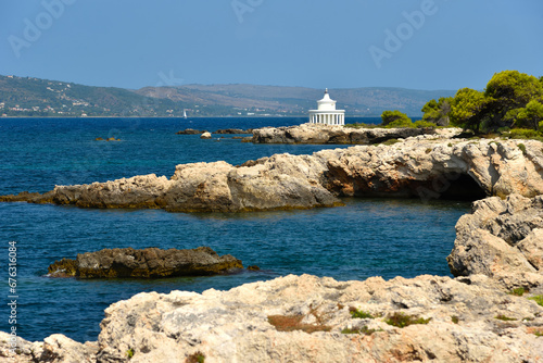 View of Saint Theodore lighthouse in Argostoli on Kefalonia, the largest of the Ionian island, Greece, Europe. Concept of tourism and travel.