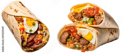 Two breakfast burritos with sausage, eggs, and salsa isolated on transparent background, food bundle