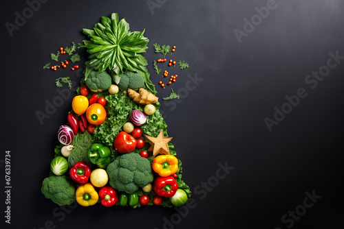 Edible Christmas tree shaped vegetable on dark background for holiday seasonal festive party celebration with healthy food decoration. Christmas tree made of healthy food, top view with copy space. 