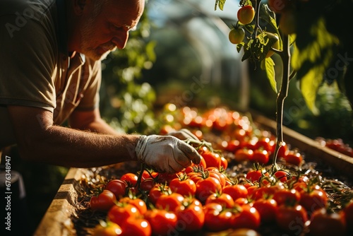 Farmer picking tomato in organic garden.